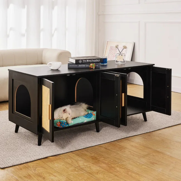 Black Rattan Wooden Cabinet Litter Box Enclosure for Two Cats Decorative Storage Furniture