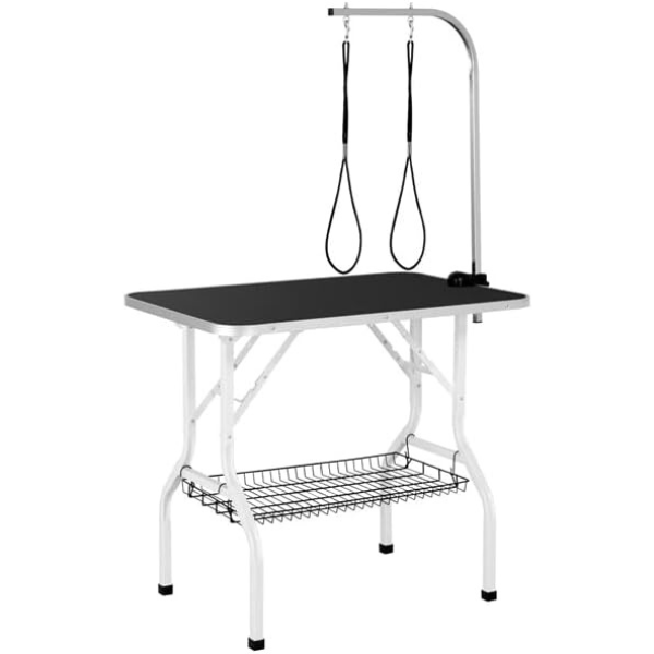 Foldable Dog Grooming Table Adjustable Arm 2 Straps Storage Basket Large Non Slip Work Surface Supports Up to 220lbs