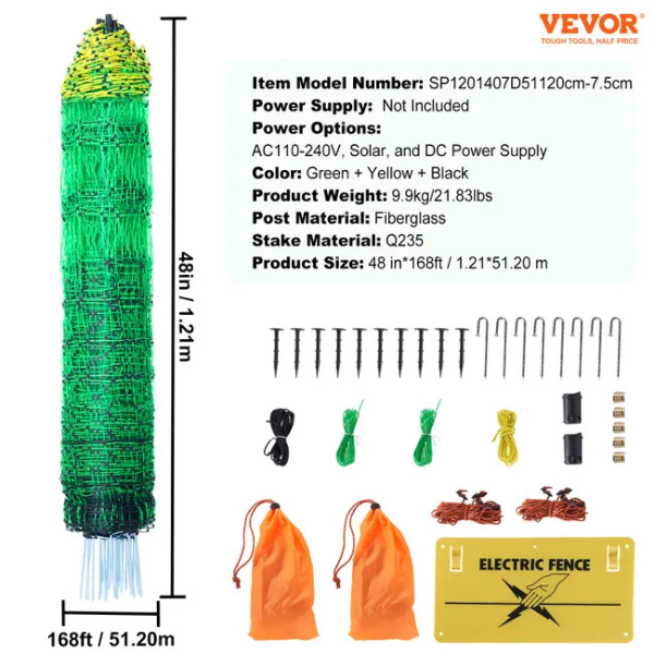Electric Fence Netting Kit 1.21 x 51.2 m - PE Mesh Fence with Posts and Double-Pointed Stakes - Portable Utility Mesh for Chickens