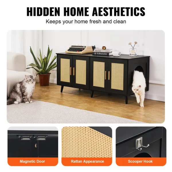Black Rattan Wooden Cabinet Litter Box Enclosure for Two Cats Decorative Storage Furniture