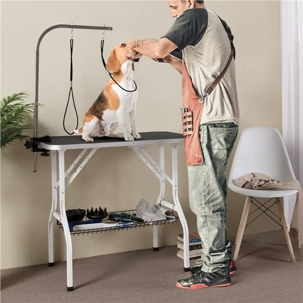 Foldable Dog Grooming Table Adjustable Arm 2 Straps Storage Basket Large Non Slip Work Surface Supports Up to 220lbs