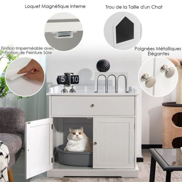 Cat Litter Box Cabinet - Hidden Cat Toilet Furniture with Drawer and 2 Doors