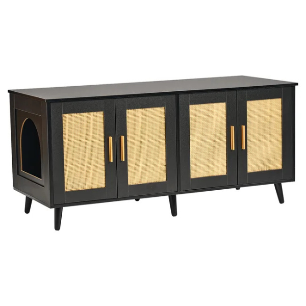 Black Rattan Wooden Cabinet Litter Box Enclosure for Two Cats Decorative Storage Furniture