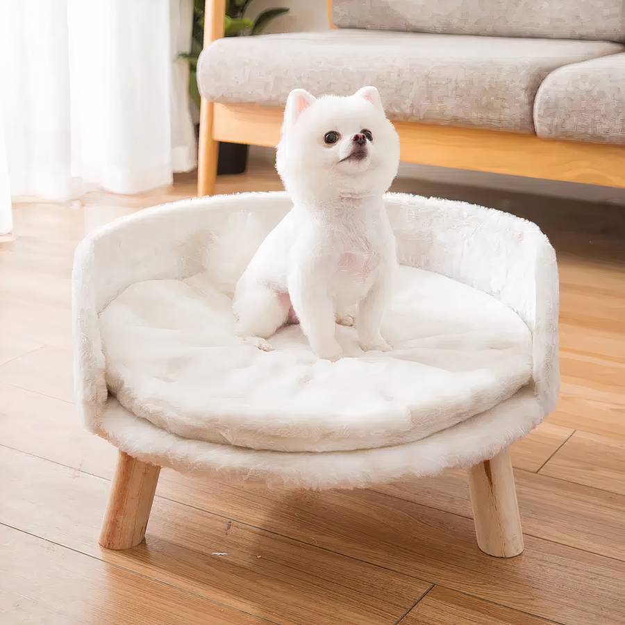 Round White Dog Sofa with Wooden Legs Plush Pet Bed