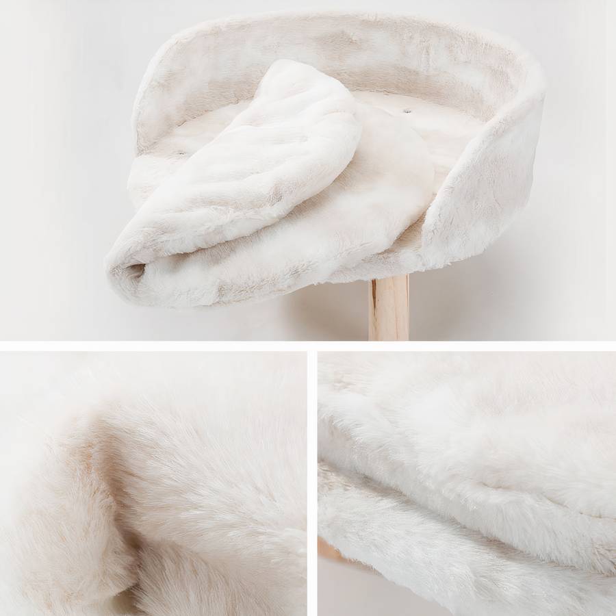 Round White Dog Sofa with Wooden Legs Plush Pet Bed