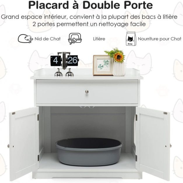 Cat Litter Box Cabinet - Hidden Cat Toilet Furniture with Drawer and 2 Doors