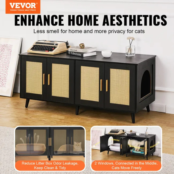 Black Rattan Wooden Cabinet Litter Box Enclosure for Two Cats Decorative Storage Furniture