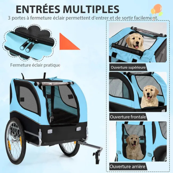 Foldable Dog Bike Trailer Oxford Canvas Pet Carrier Stroller with Flag 8 Reflectors Max Load 88 lbs