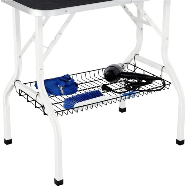 Foldable Dog Grooming Table Adjustable Arm 2 Straps Storage Basket Large Non Slip Work Surface Supports Up to 220lbs
