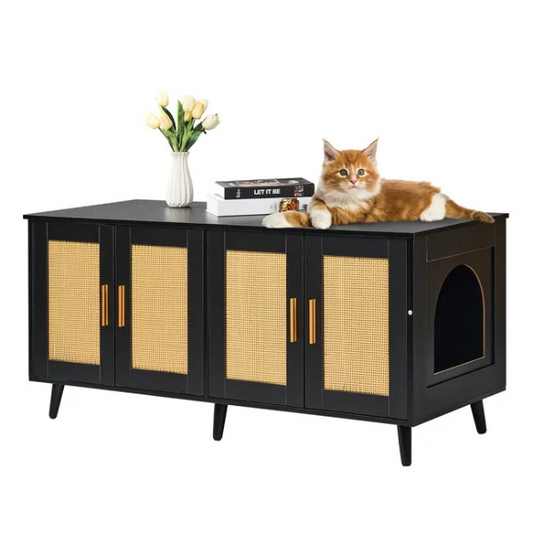 Black Rattan Wooden Cabinet Litter Box Enclosure for Two Cats Decorative Storage Furniture