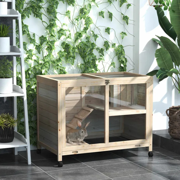 2-Level Rabbit Hutch on Wheels with Hideaway and Removable Waste Tray