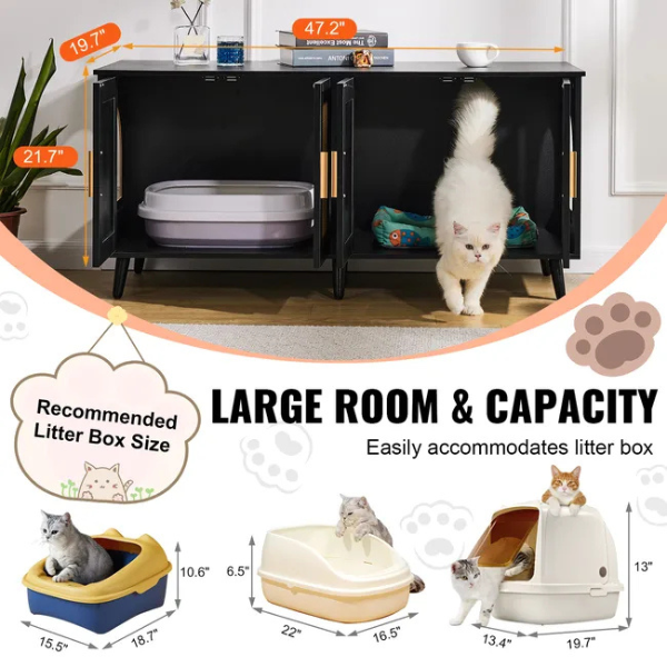 Black Rattan Wooden Cabinet Litter Box Enclosure for Two Cats Decorative Storage Furniture