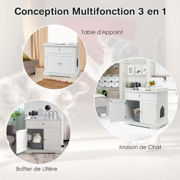 Cat Litter Box Cabinet - Hidden Cat Toilet Furniture with Drawer and 2 Doors