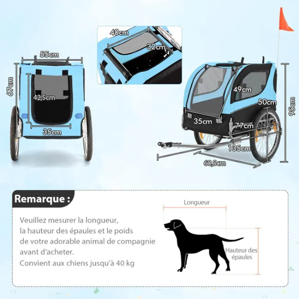 Foldable Dog Bike Trailer Oxford Canvas Pet Carrier Stroller with Flag 8 Reflectors Max Load 88 lbs
