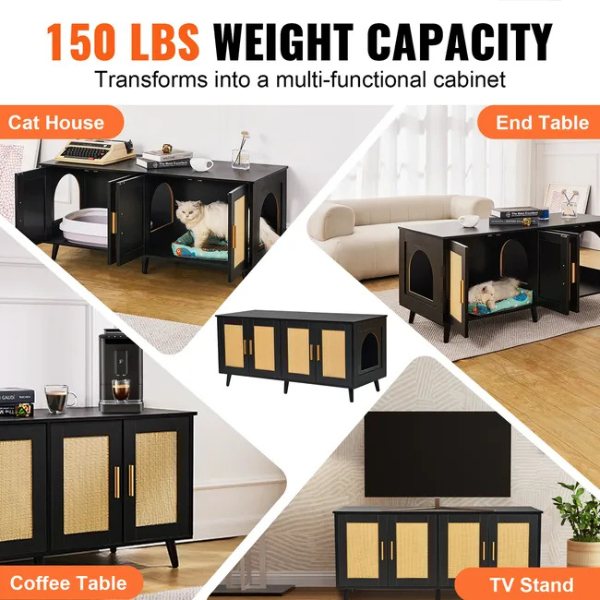Black Rattan Wooden Cabinet Litter Box Enclosure for Two Cats Decorative Storage Furniture