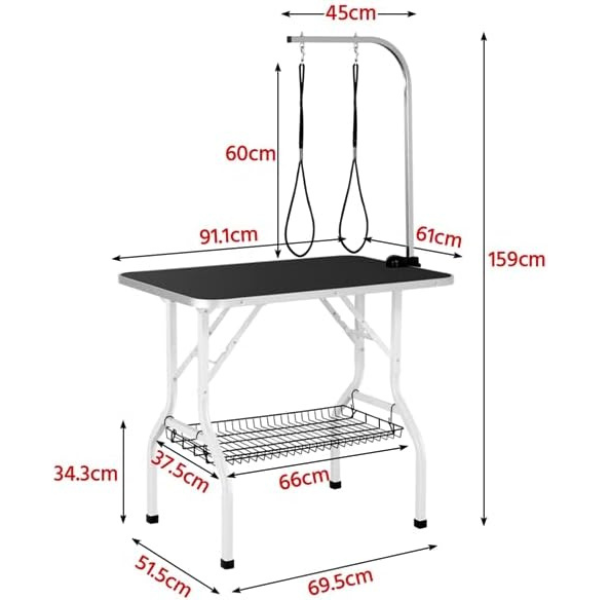 Foldable Dog Grooming Table Adjustable Arm 2 Straps Storage Basket Large Non Slip Work Surface Supports Up to 220lbs
