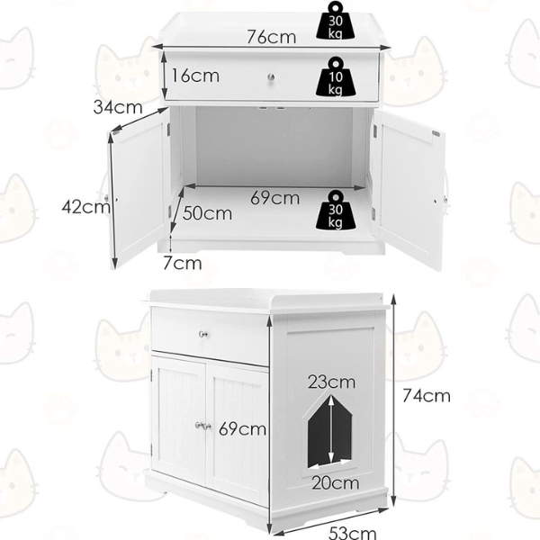 Cat Litter Box Cabinet - Hidden Cat Toilet Furniture with Drawer and 2 Doors