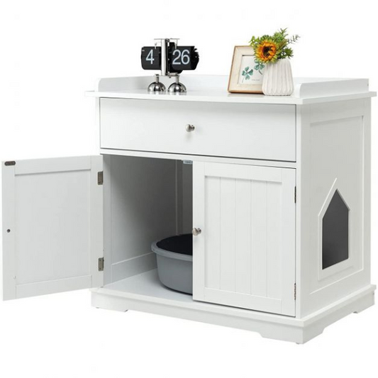 Cat Litter Box Cabinet - Hidden Cat Toilet Furniture with Drawer and 2 Doors