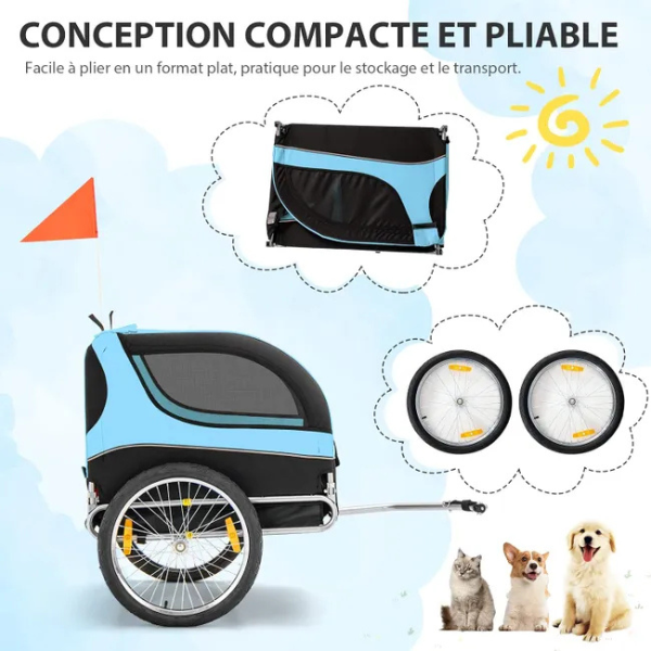 Foldable Dog Bike Trailer Oxford Canvas Pet Carrier Stroller with Flag 8 Reflectors Max Load 88 lbs