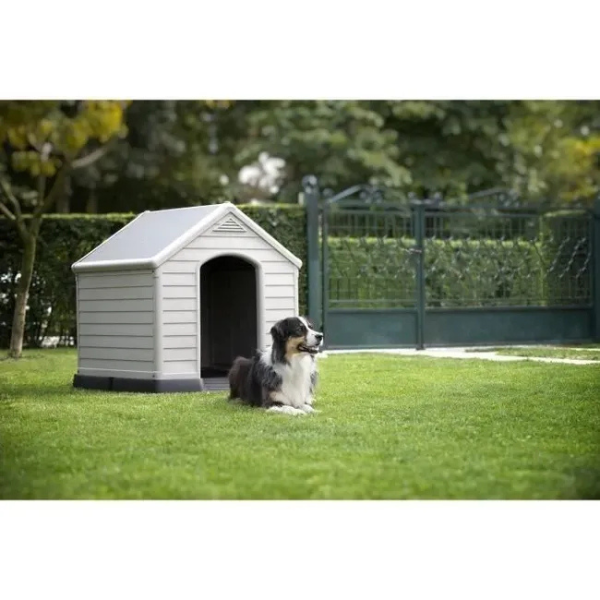 Beige and Brown Plastic Dog House 39 x 37 x 39 Inches Durable Outdoor Pet Kennel
