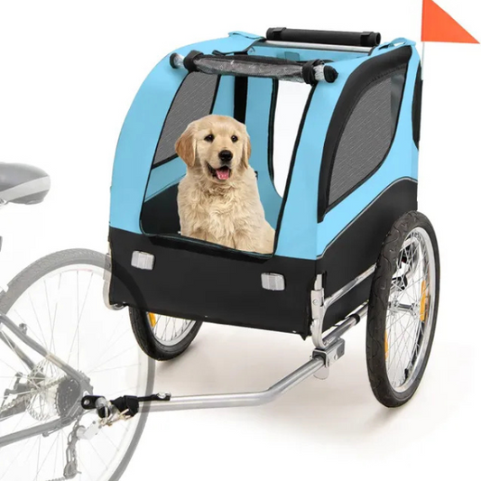 Foldable Dog Bike Trailer Oxford Canvas Pet Carrier Stroller with Flag 8 Reflectors Max Load 88 lbs
