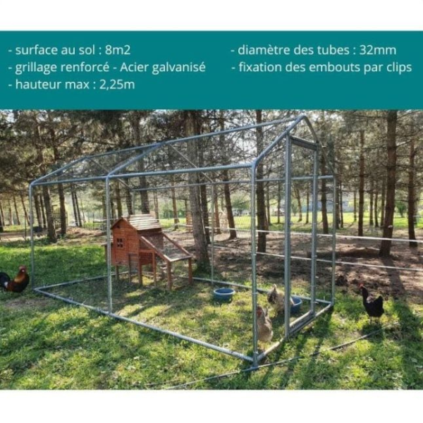8m² Chicken Coop Run 32mm Tubes 7.4ft High - Reinforced Wire Mesh Pen 13x6.5ft - Galvanized Steel