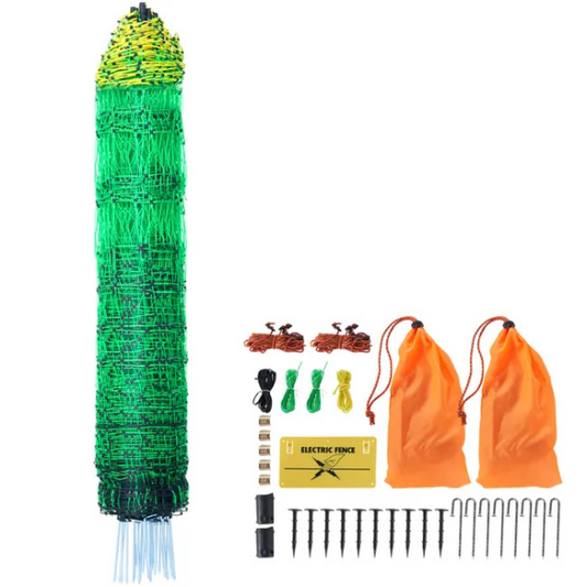 Electric Fence Netting Kit 1.21 x 51.2 m - PE Mesh Fence with Posts and Double-Pointed Stakes - Portable Utility Mesh for Chickens