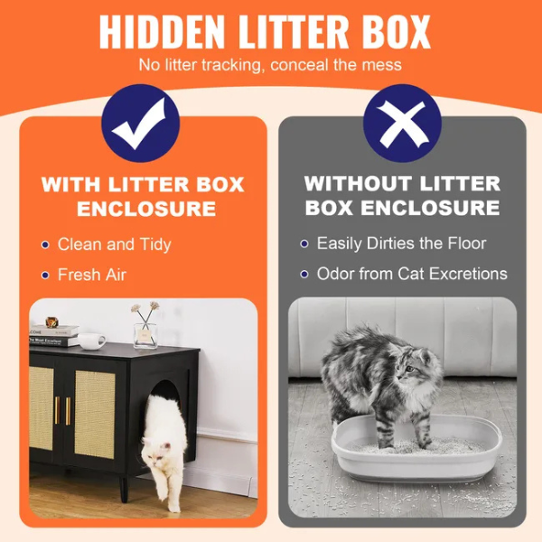 Black Rattan Wooden Cabinet Litter Box Enclosure for Two Cats Decorative Storage Furniture