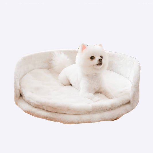 Round White Dog Sofa with Wooden Legs Plush Pet Bed